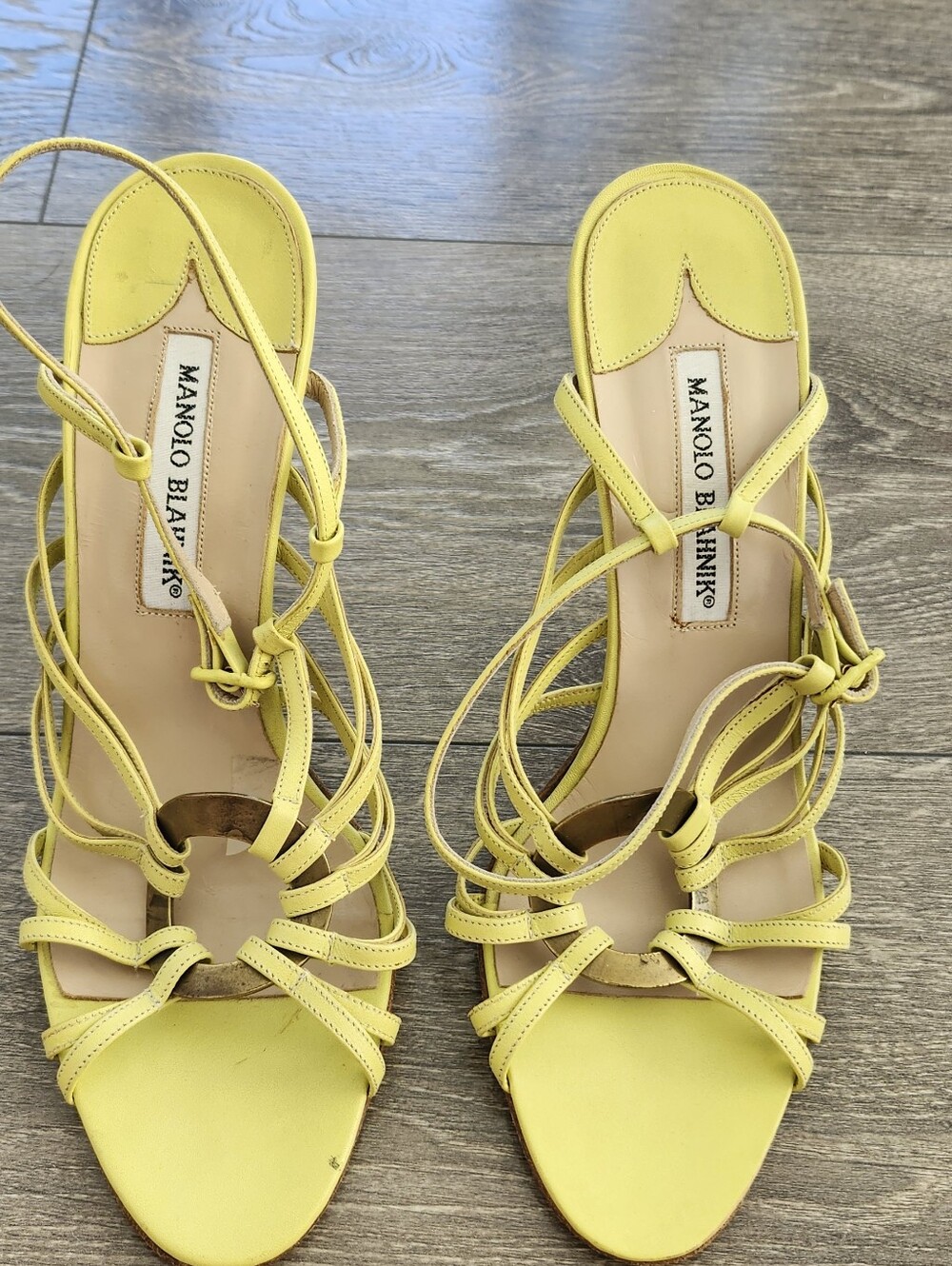Manolo Blahnik Yellow Leather Lace Up Sandals 38.5